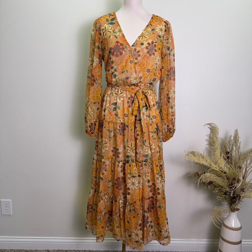 Flying Tomato Medium Mustard Retro Floral Tiered Long Sleeve Maxi Dress